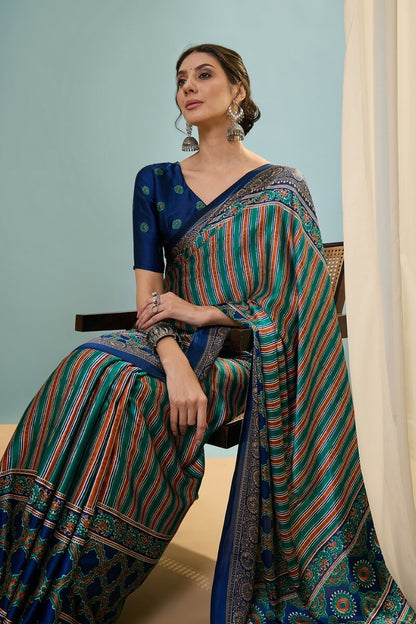Sonorous Dark Green Ajrakh Printed Semi Modal Silk Saree With Breathtaking Blouse Piece
