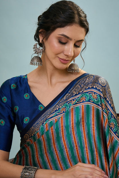Sonorous Dark Green Ajrakh Printed Semi Modal Silk Saree With Breathtaking Blouse Piece
