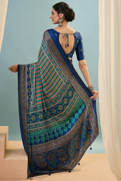 Sonorous Dark Green Ajrakh Printed Semi Modal Silk Saree With Breathtaking Blouse Piece