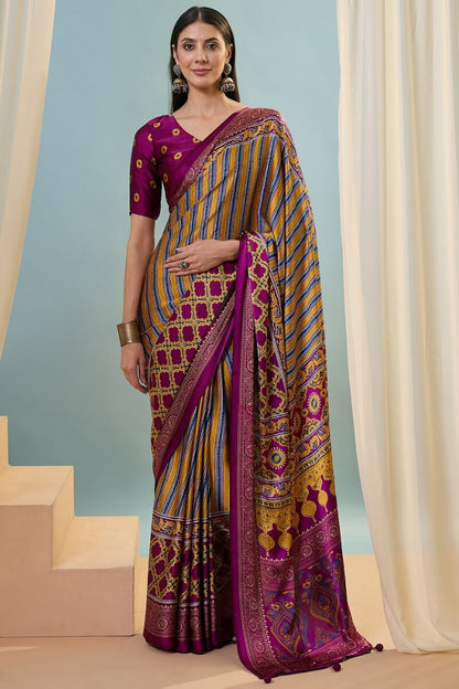 Intricate Yellow Ajrakh Printed Semi Modal Silk Saree With Comely Blouse Piece