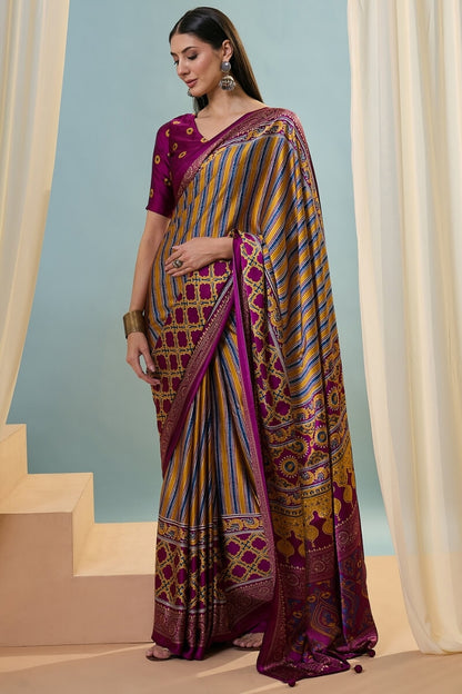 Intricate Yellow Ajrakh Printed Semi Modal Silk Saree With Comely Blouse Piece