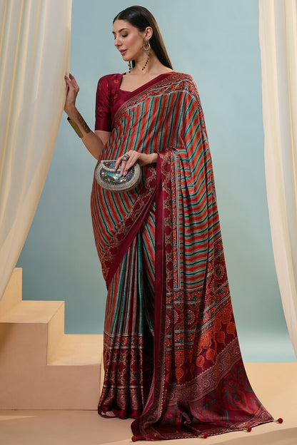 Enigmatic Red Ajrakh Printed Semi Modal Silk Saree With Blissful Blouse Piece