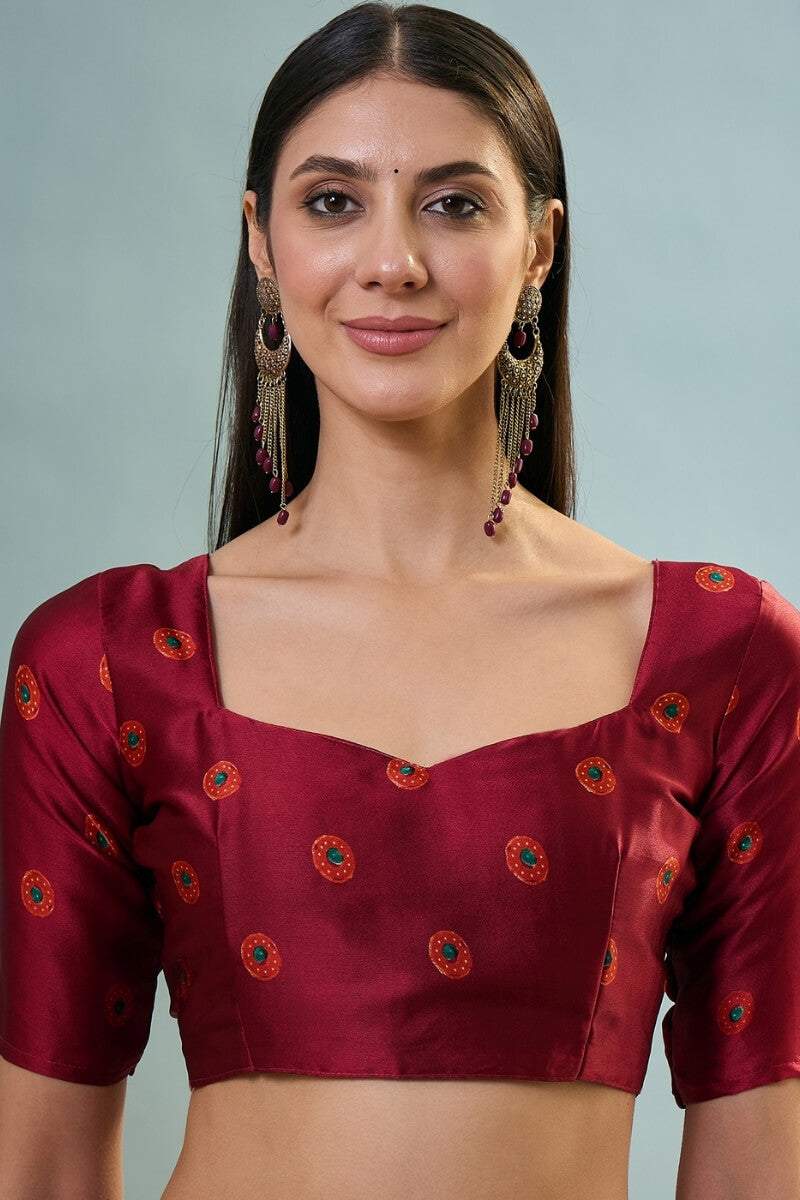 Enigmatic Red Ajrakh Printed Semi Modal Silk Saree With Blissful Blouse Piece