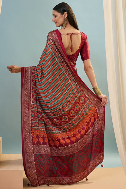 Enigmatic Red Ajrakh Printed Semi Modal Silk Saree With Blissful Blouse Piece