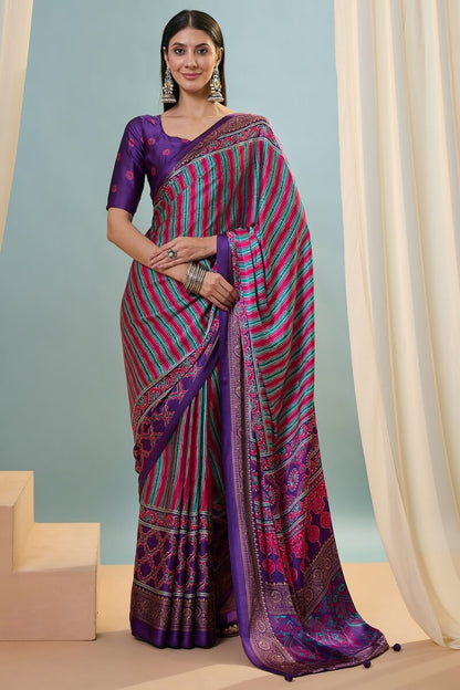 Conflate Purple Ajrakh Printed Semi Modal Silk Saree With Fantabulous Blouse Piece