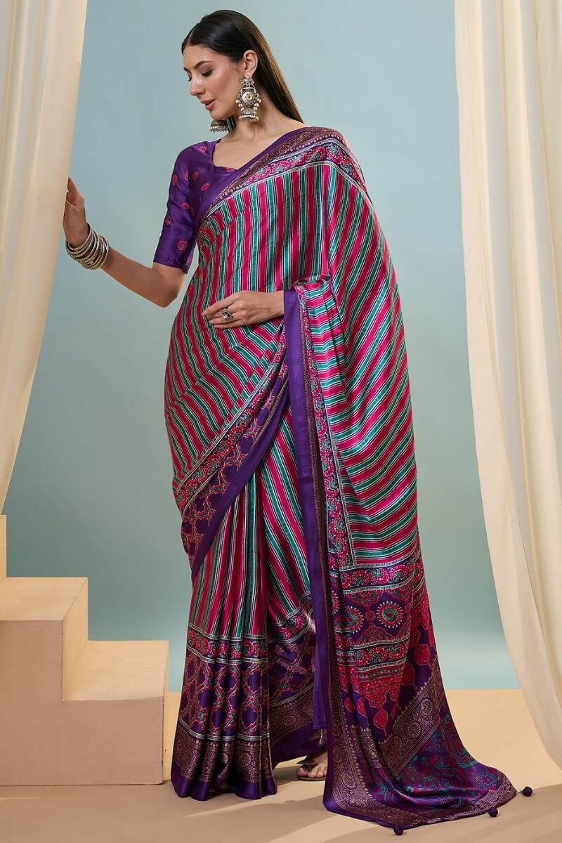 Conflate Purple Ajrakh Printed Semi Modal Silk Saree With Fantabulous Blouse Piece