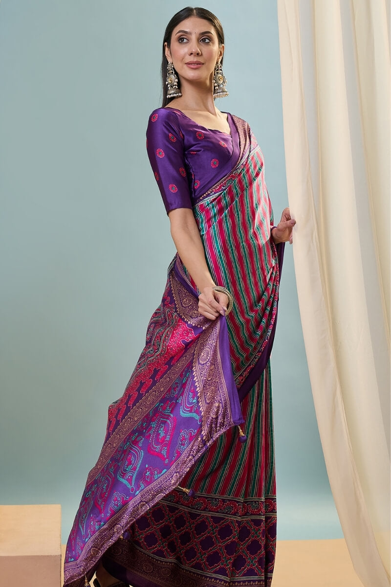 Conflate Purple Ajrakh Printed Semi Modal Silk Saree With Fantabulous Blouse Piece