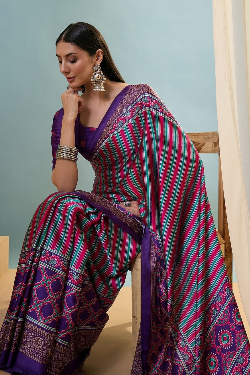 Conflate Purple Ajrakh Printed Semi Modal Silk Saree With Fantabulous Blouse Piece