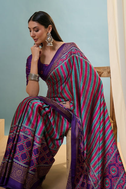 Conflate Purple Ajrakh Printed Semi Modal Silk Saree With Fantabulous Blouse Piece