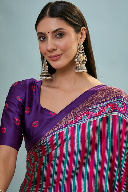 Conflate Purple Ajrakh Printed Semi Modal Silk Saree With Fantabulous Blouse Piece