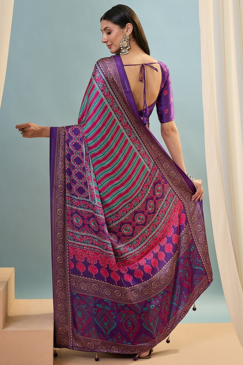 Conflate Purple Ajrakh Printed Semi Modal Silk Saree With Fantabulous Blouse Piece