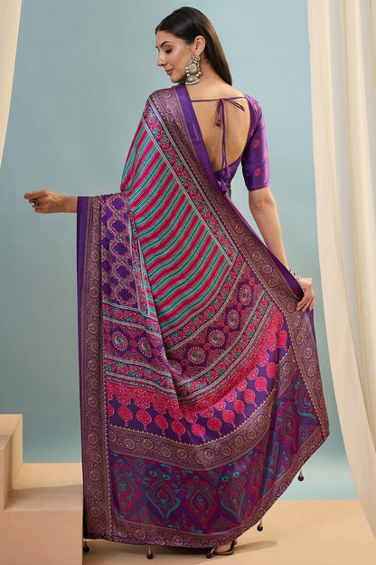 Conflate Purple Ajrakh Printed Semi Modal Silk Saree With Fantabulous Blouse Piece