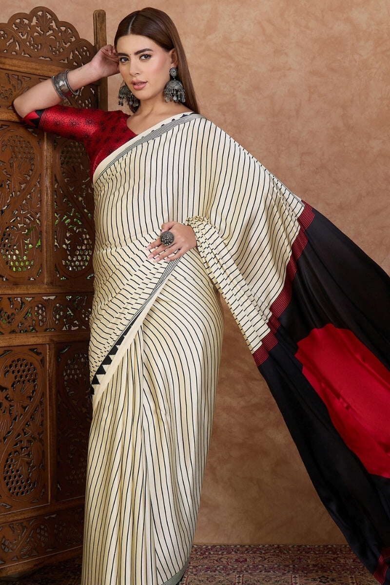 Artistic Off White Ajrakh Printed Semi Modal Silk Saree With Sempiternal Blouse Piece