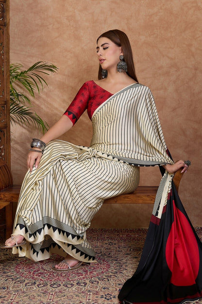 Artistic Off White Ajrakh Printed Semi Modal Silk Saree With Sempiternal Blouse Piece