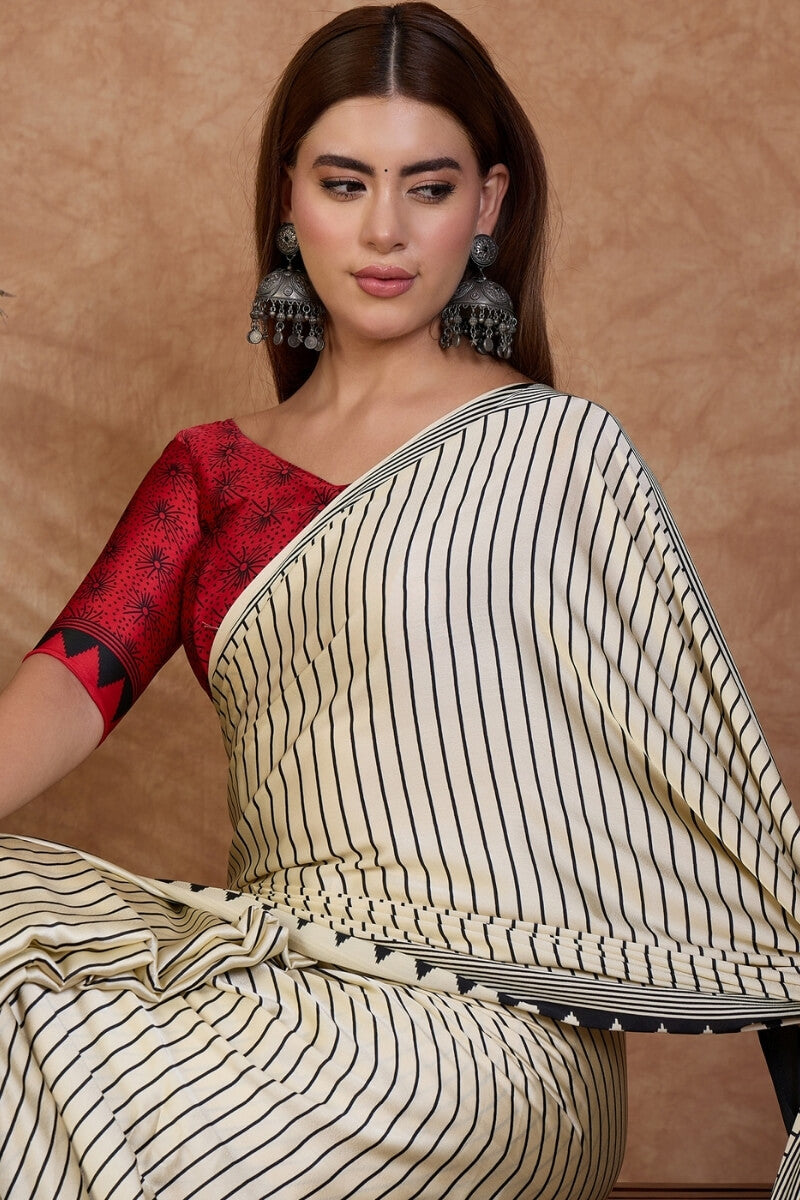 Artistic Off White Ajrakh Printed Semi Modal Silk Saree With Sempiternal Blouse Piece