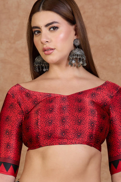 Artistic Off White Ajrakh Printed Semi Modal Silk Saree With Sempiternal Blouse Piece