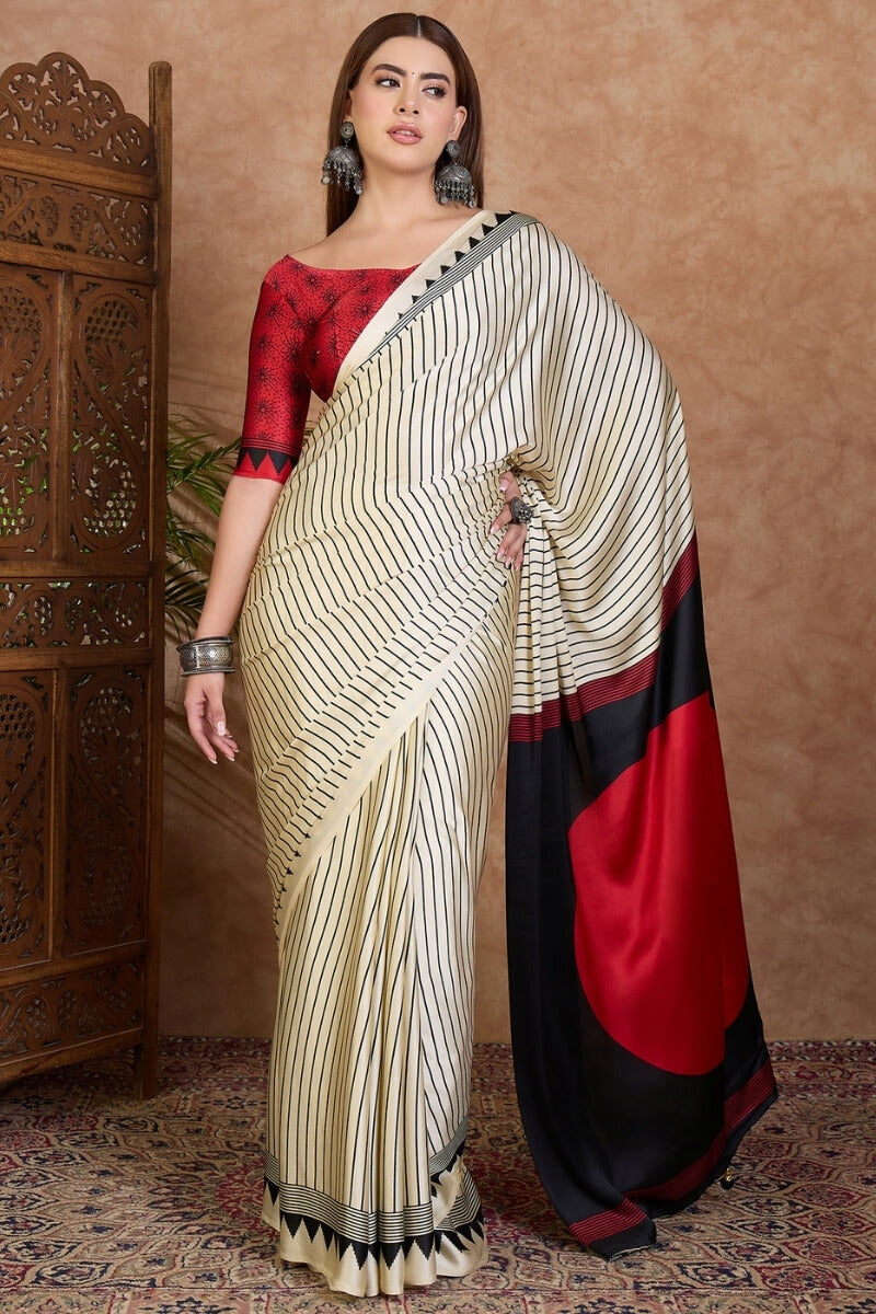 Artistic Off White Ajrakh Printed Semi Modal Silk Saree With Sempiternal Blouse Piece