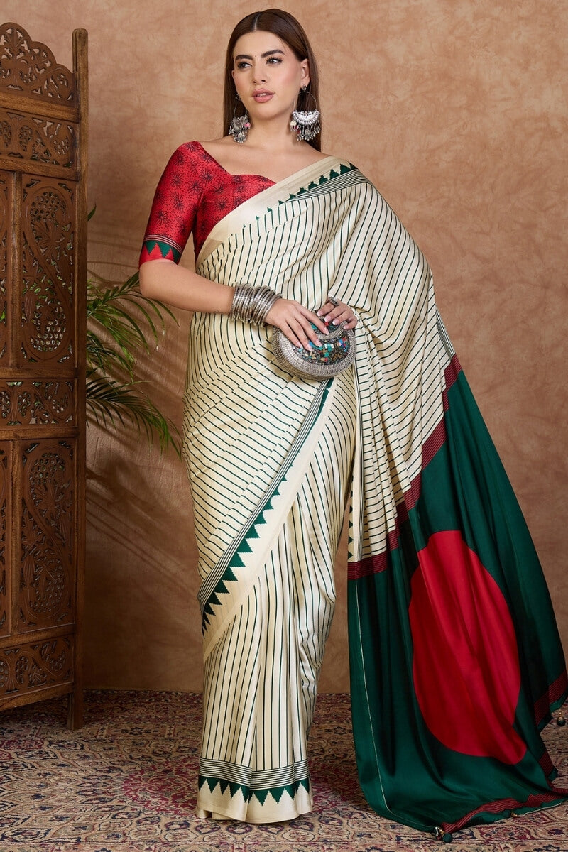 Glittering Off White Ajrakh Printed Semi Modal Silk Saree With Quixotic Blouse Piece