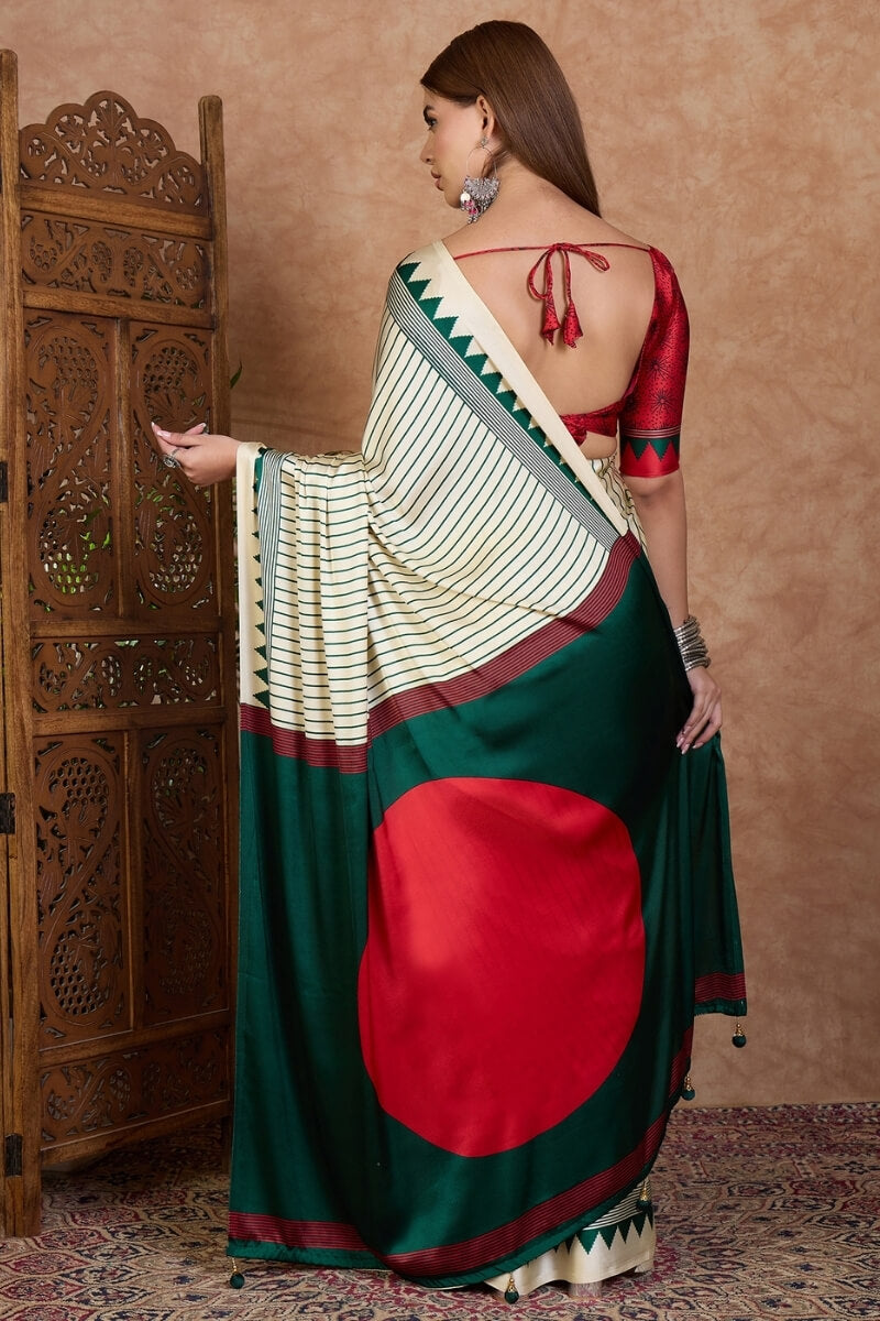 Glittering Off White Ajrakh Printed Semi Modal Silk Saree With Quixotic Blouse Piece