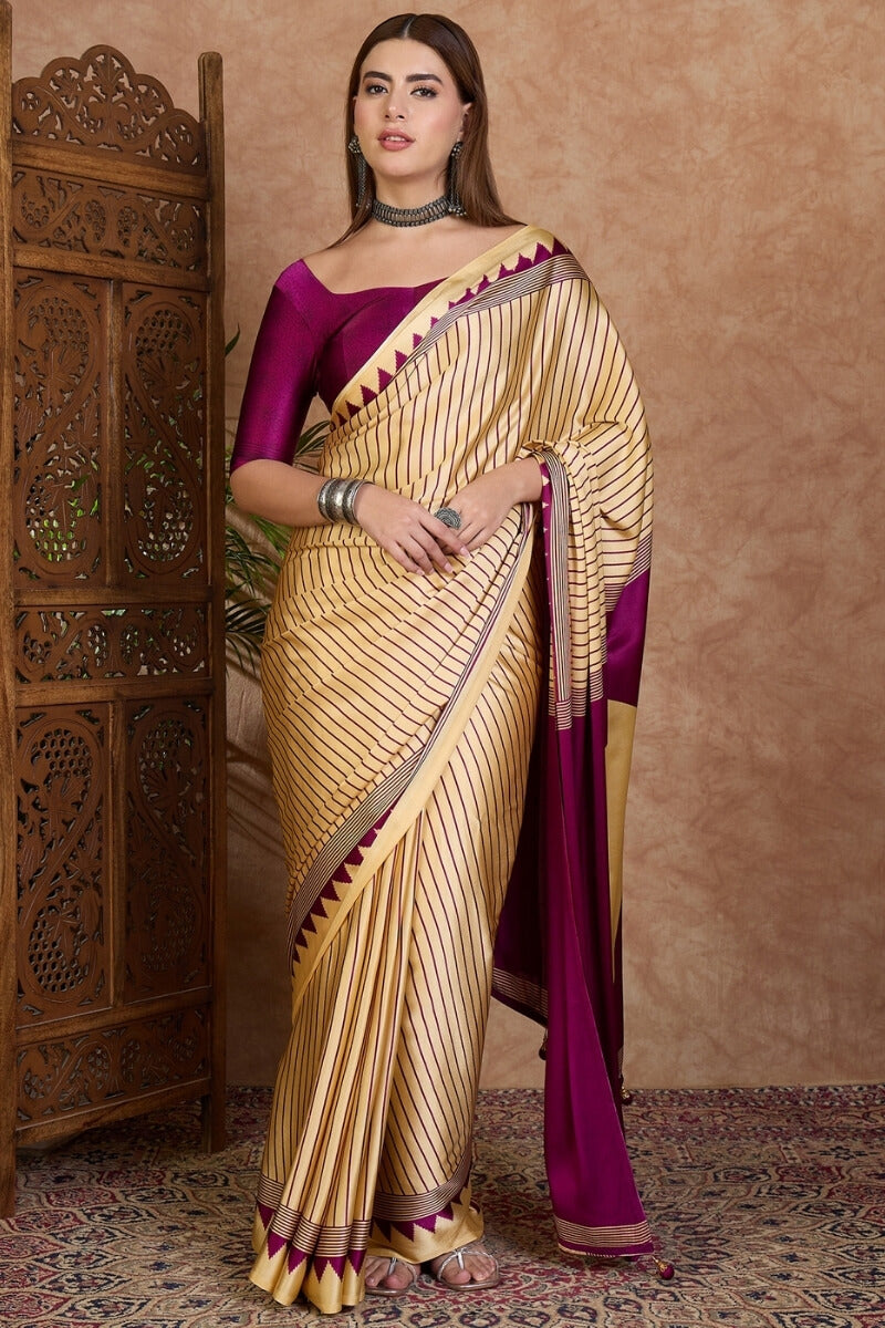 Pleasurable Beige Ajrakh Printed Semi Modal Silk Saree With Profuse Blouse Piece