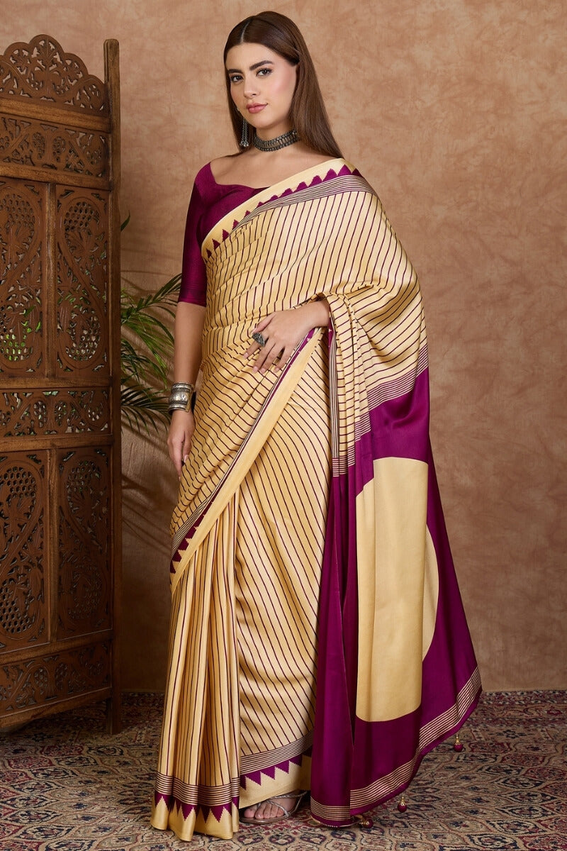 Pleasurable Beige Ajrakh Printed Semi Modal Silk Saree With Profuse Blouse Piece