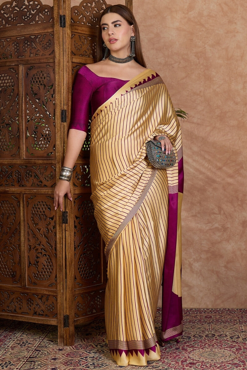 Pleasurable Beige Ajrakh Printed Semi Modal Silk Saree With Profuse Blouse Piece
