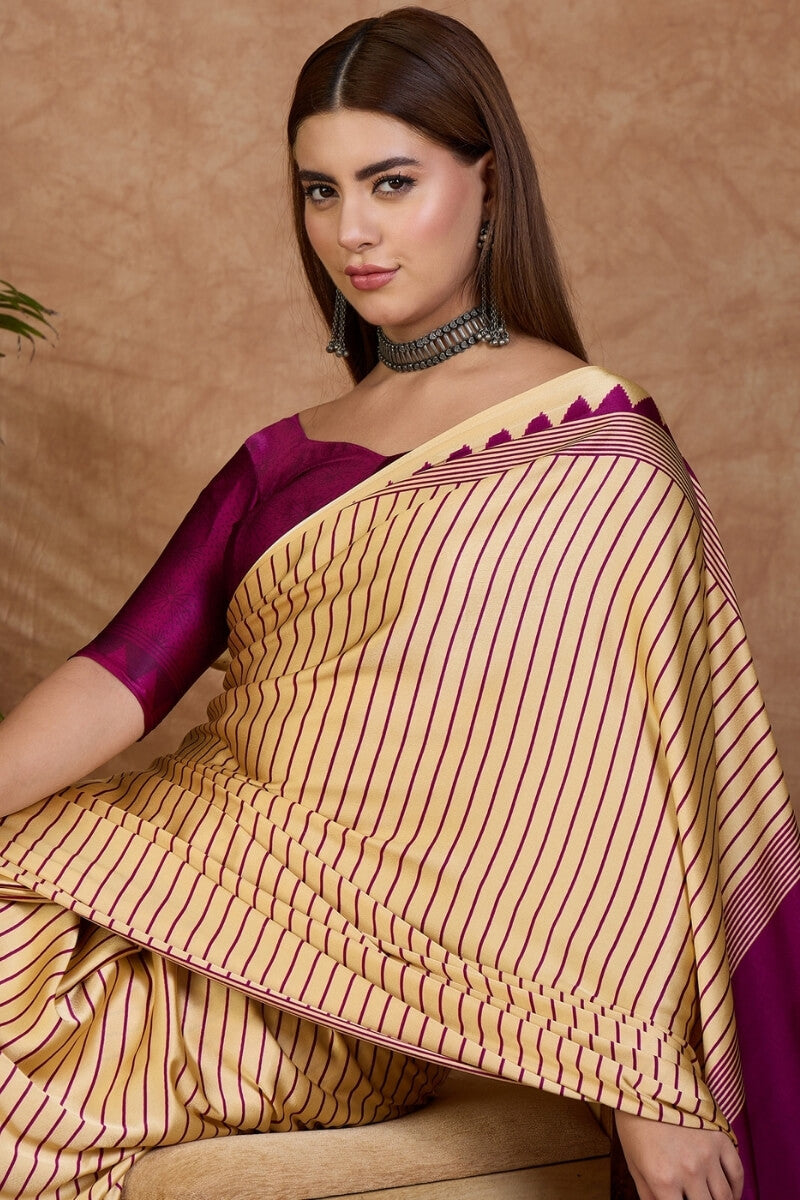 Pleasurable Beige Ajrakh Printed Semi Modal Silk Saree With Profuse Blouse Piece