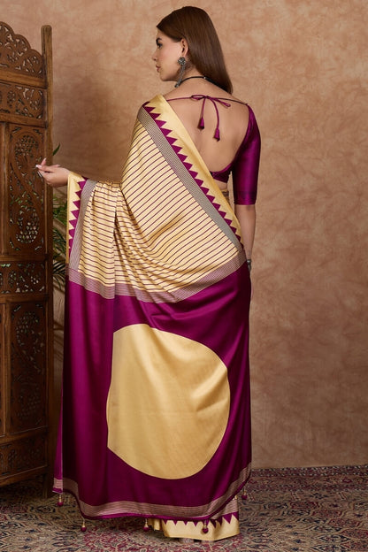 Pleasurable Beige Ajrakh Printed Semi Modal Silk Saree With Profuse Blouse Piece