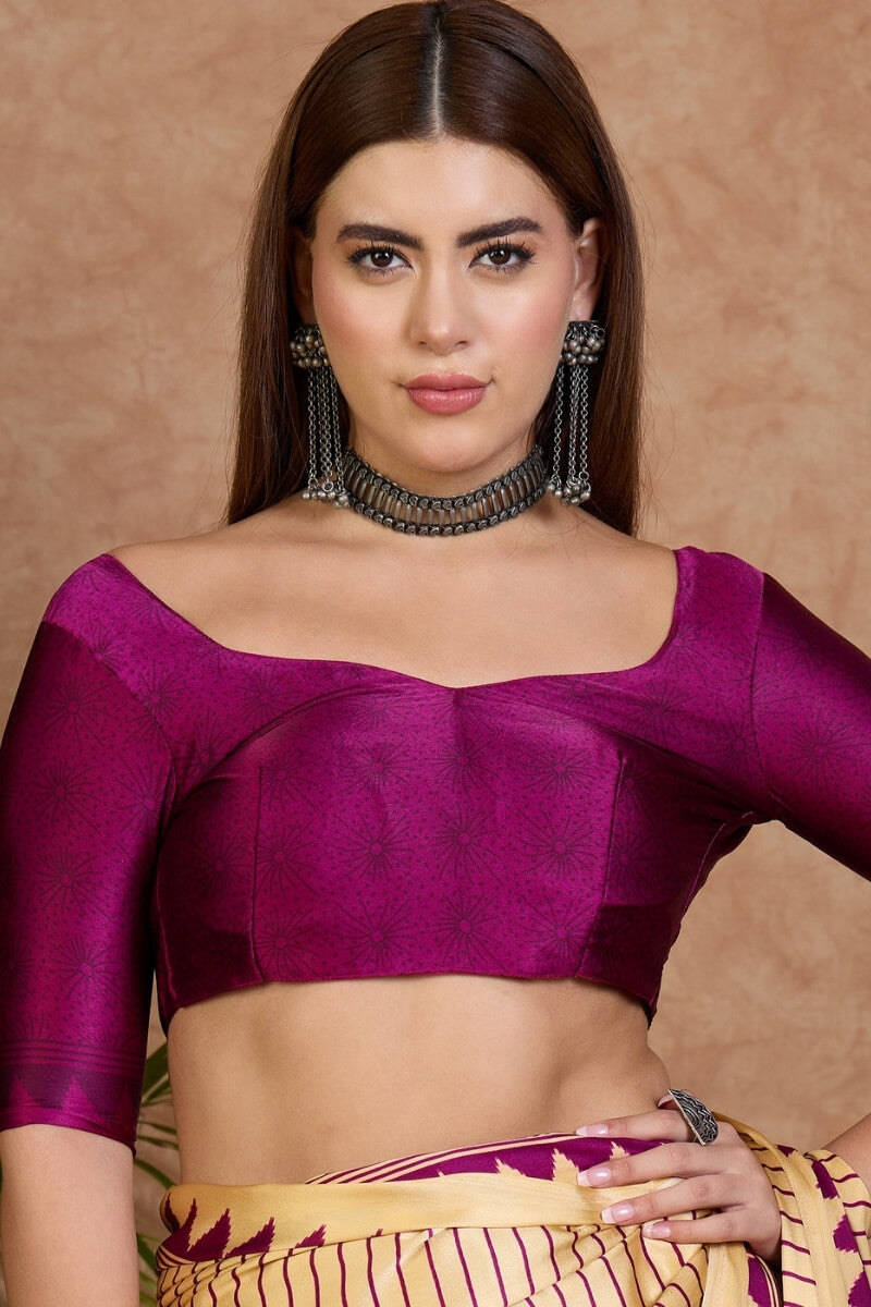 Pleasurable Beige Ajrakh Printed Semi Modal Silk Saree With Profuse Blouse Piece