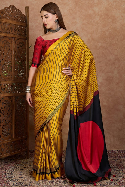 Sensational Yellow Ajrakh Printed Semi Modal Silk Saree With Resonant Blouse Piece