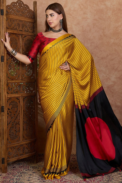 Sensational Yellow Ajrakh Printed Semi Modal Silk Saree With Resonant Blouse Piece