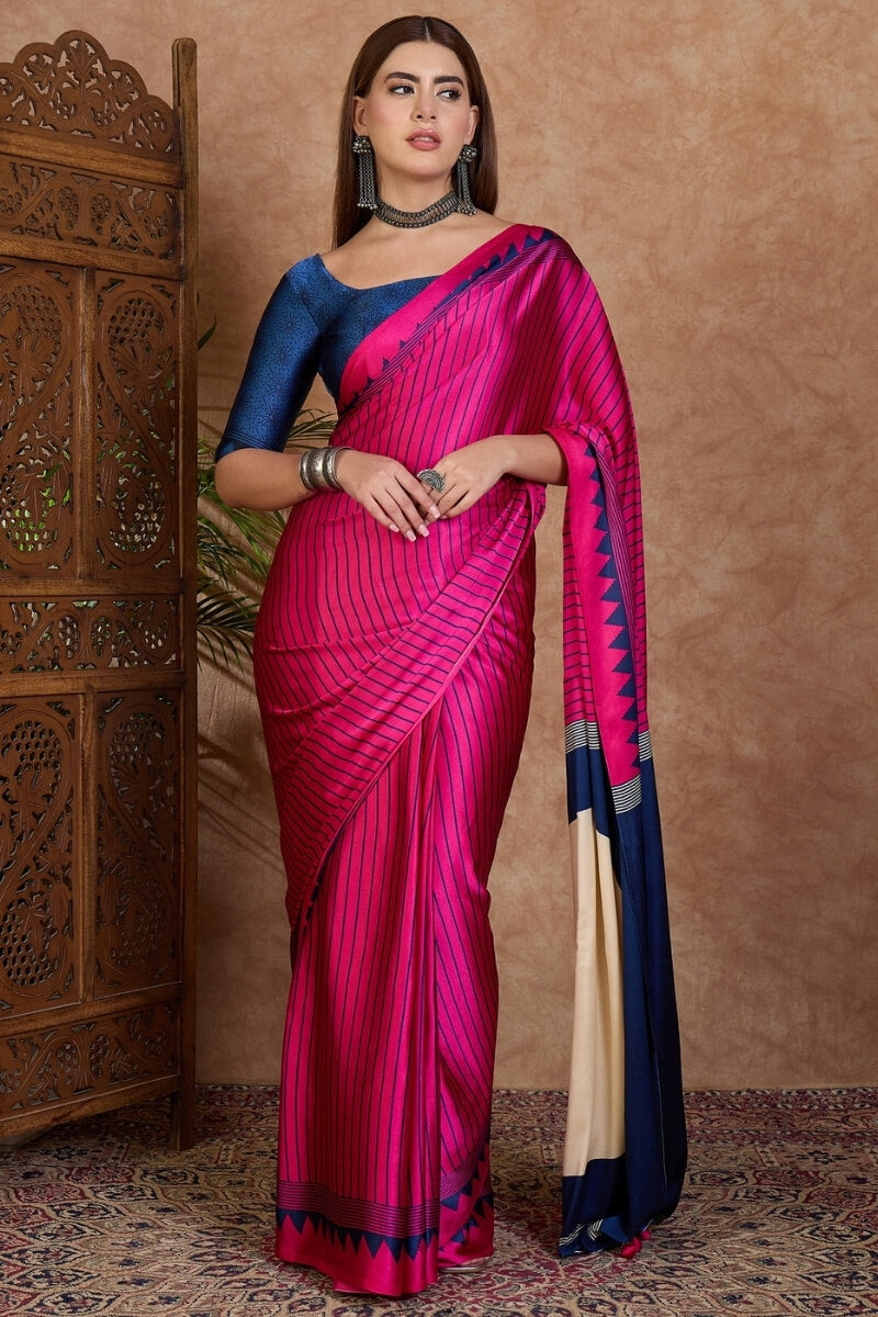 Evanescent Dark Pink Ajrakh Printed Semi Modal Silk Saree With Energetic Blouse Piece