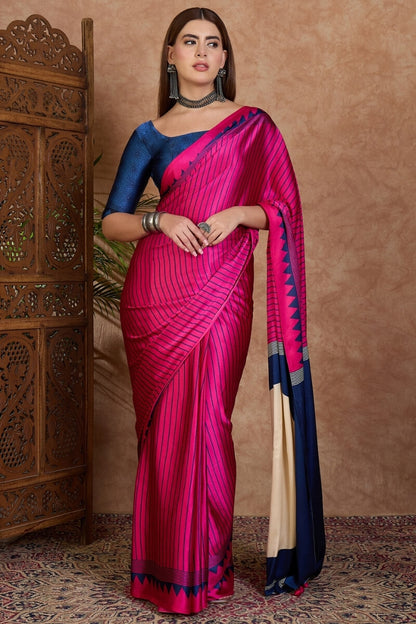 Evanescent Dark Pink Ajrakh Printed Semi Modal Silk Saree With Energetic Blouse Piece