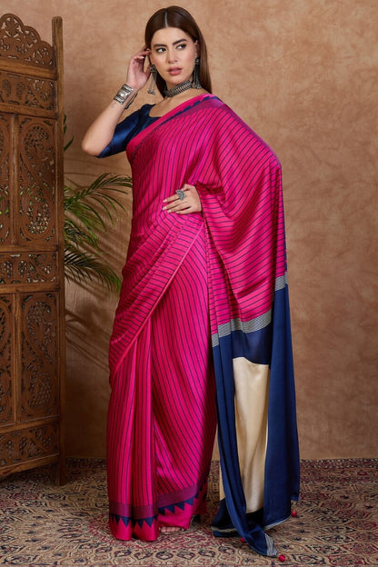 Evanescent Dark Pink Ajrakh Printed Semi Modal Silk Saree With Energetic Blouse Piece
