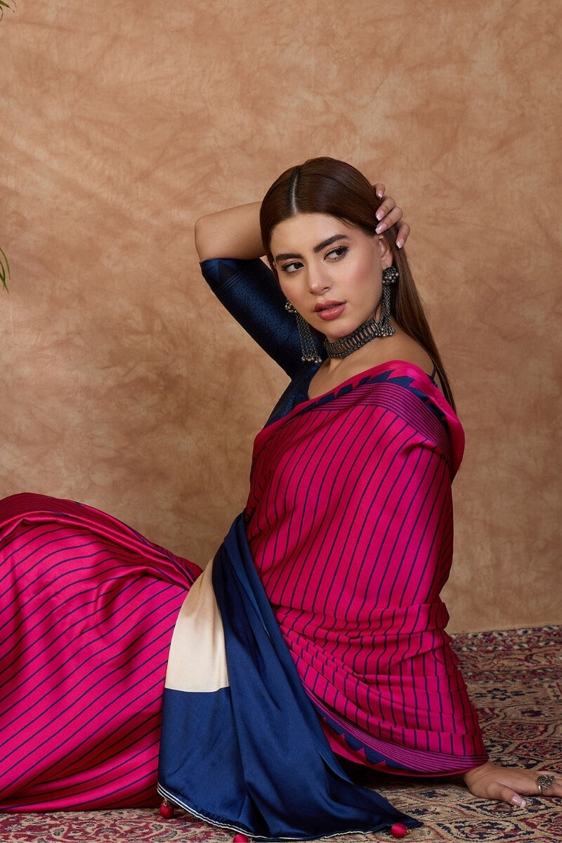 Evanescent Dark Pink Ajrakh Printed Semi Modal Silk Saree With Energetic Blouse Piece