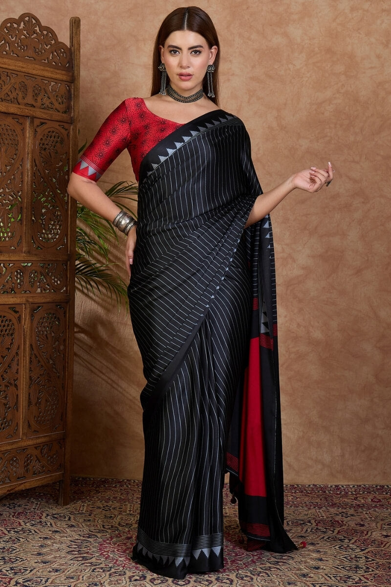 Palimpsest Black Ajrakh Printed Semi Modal Silk Saree With Lovely Blouse Piece
