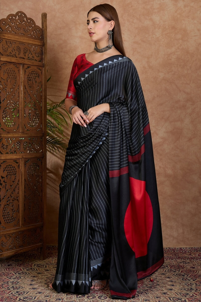 Palimpsest Black Ajrakh Printed Semi Modal Silk Saree With Lovely Blouse Piece