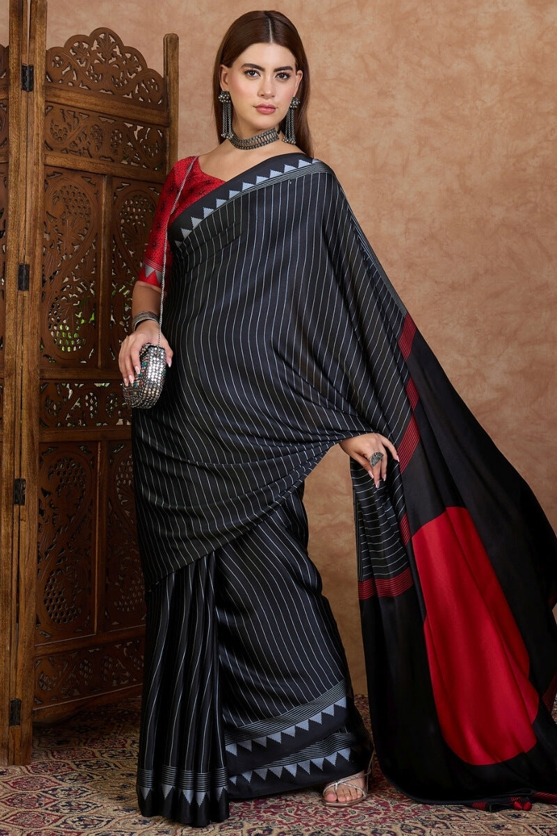 Palimpsest Black Ajrakh Printed Semi Modal Silk Saree With Lovely Blouse Piece