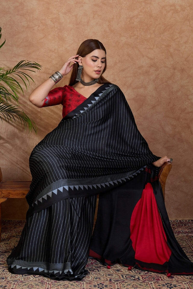 Palimpsest Black Ajrakh Printed Semi Modal Silk Saree With Lovely Blouse Piece