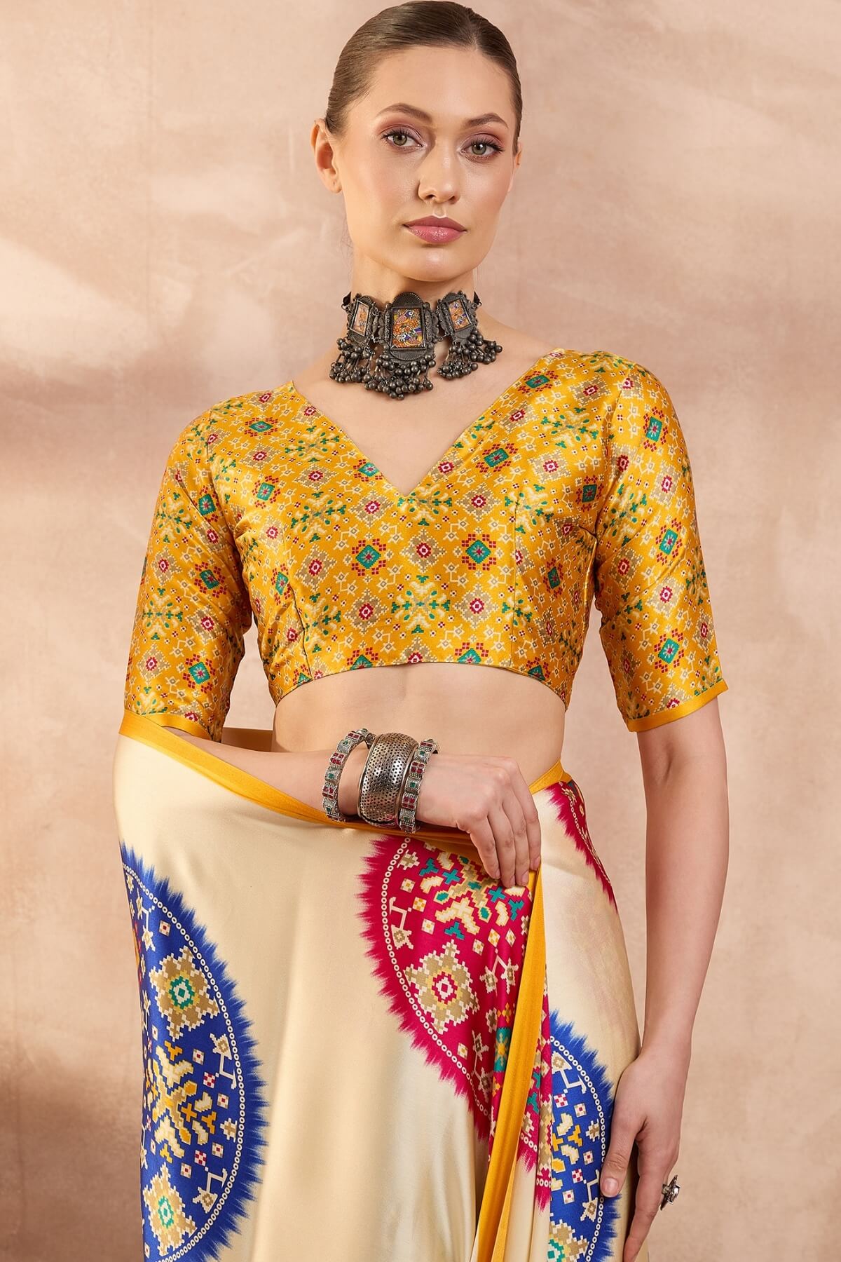 Ephemeral Beige Ajrakh Printed Semi Modal Silk Saree With Entrancing Blouse Piece