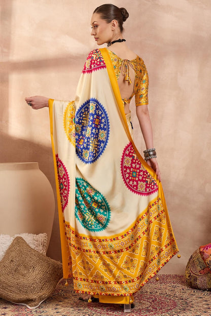 Ephemeral Beige Ajrakh Printed Semi Modal Silk Saree With Entrancing Blouse Piece