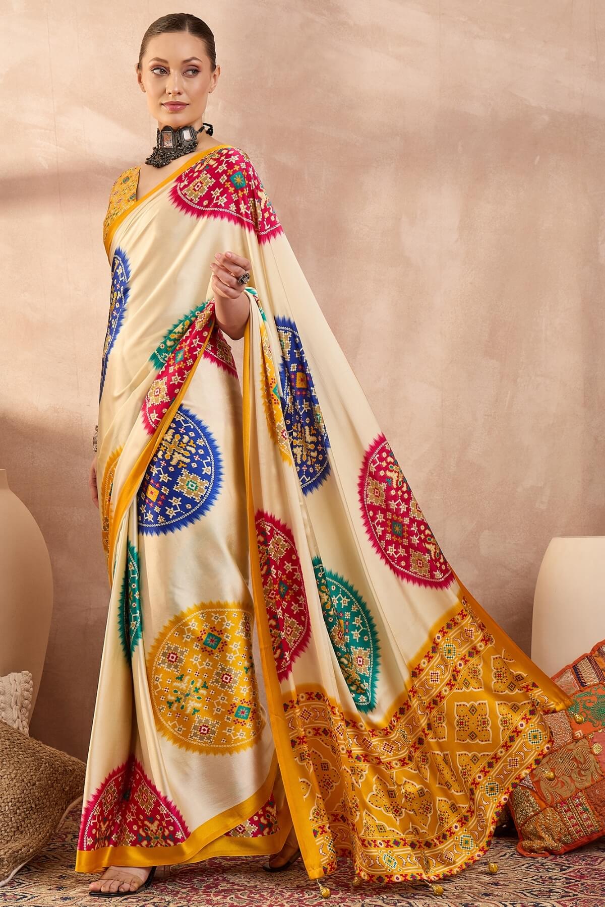 Ephemeral Beige Ajrakh Printed Semi Modal Silk Saree With Entrancing Blouse Piece