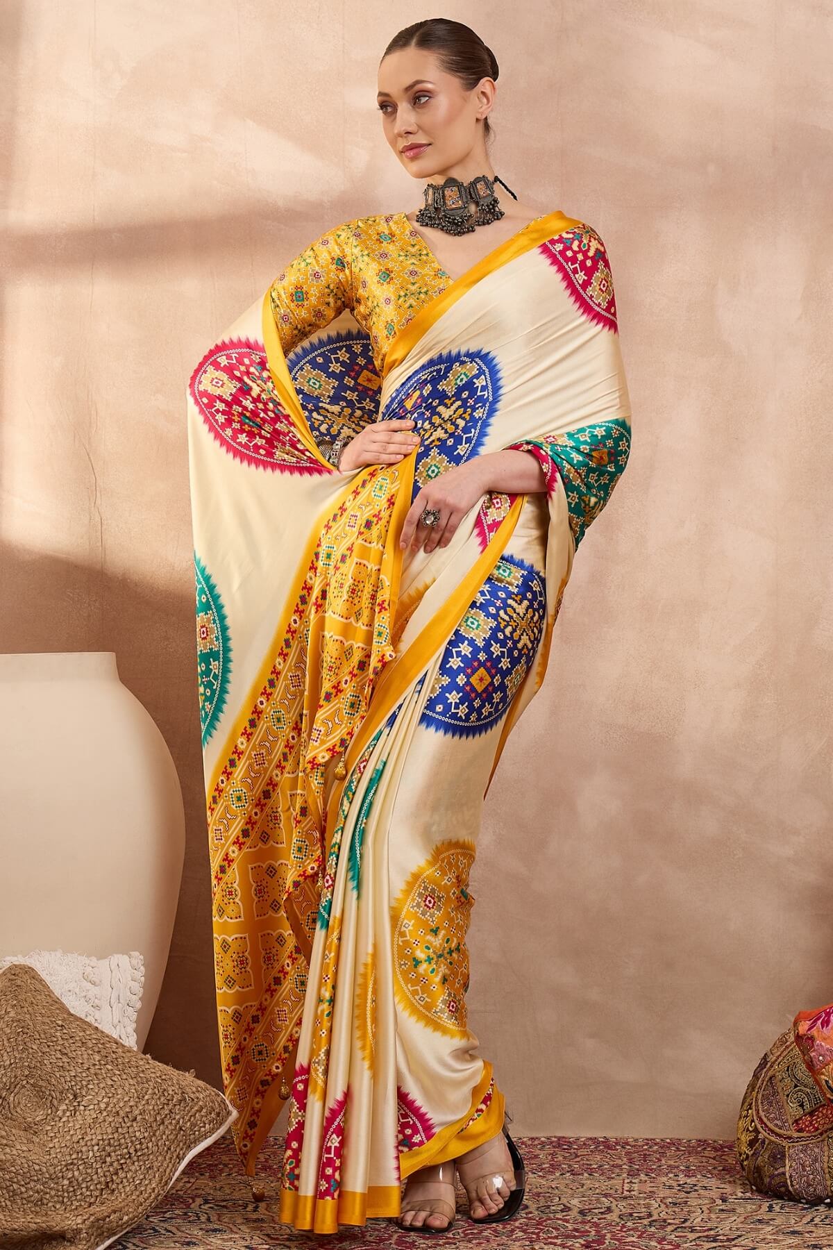Ephemeral Beige Ajrakh Printed Semi Modal Silk Saree With Entrancing Blouse Piece