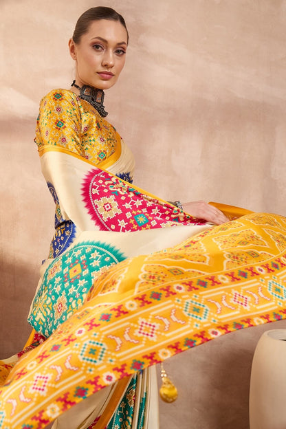 Ephemeral Beige Ajrakh Printed Semi Modal Silk Saree With Entrancing Blouse Piece