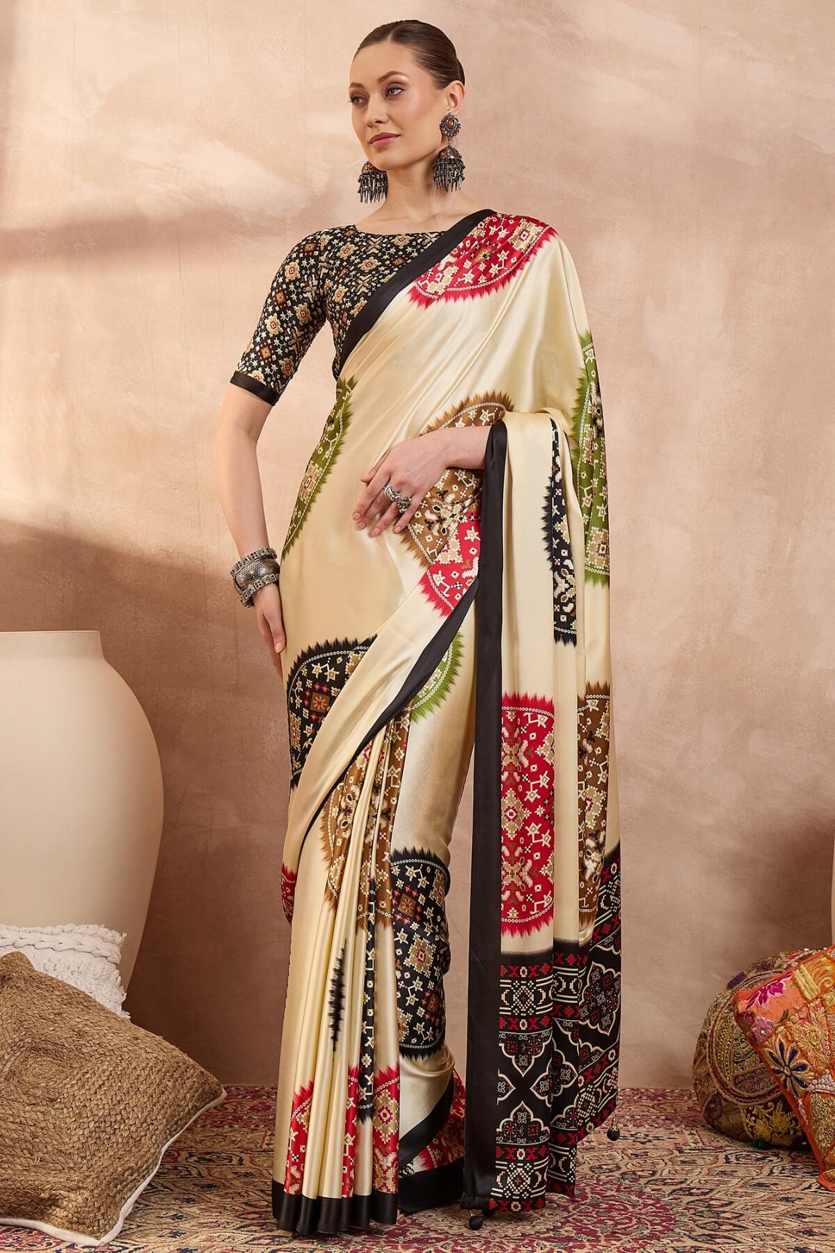 Fragrant Beige Ajrakh Printed Semi Modal Silk Saree With Majestic Blouse Piece