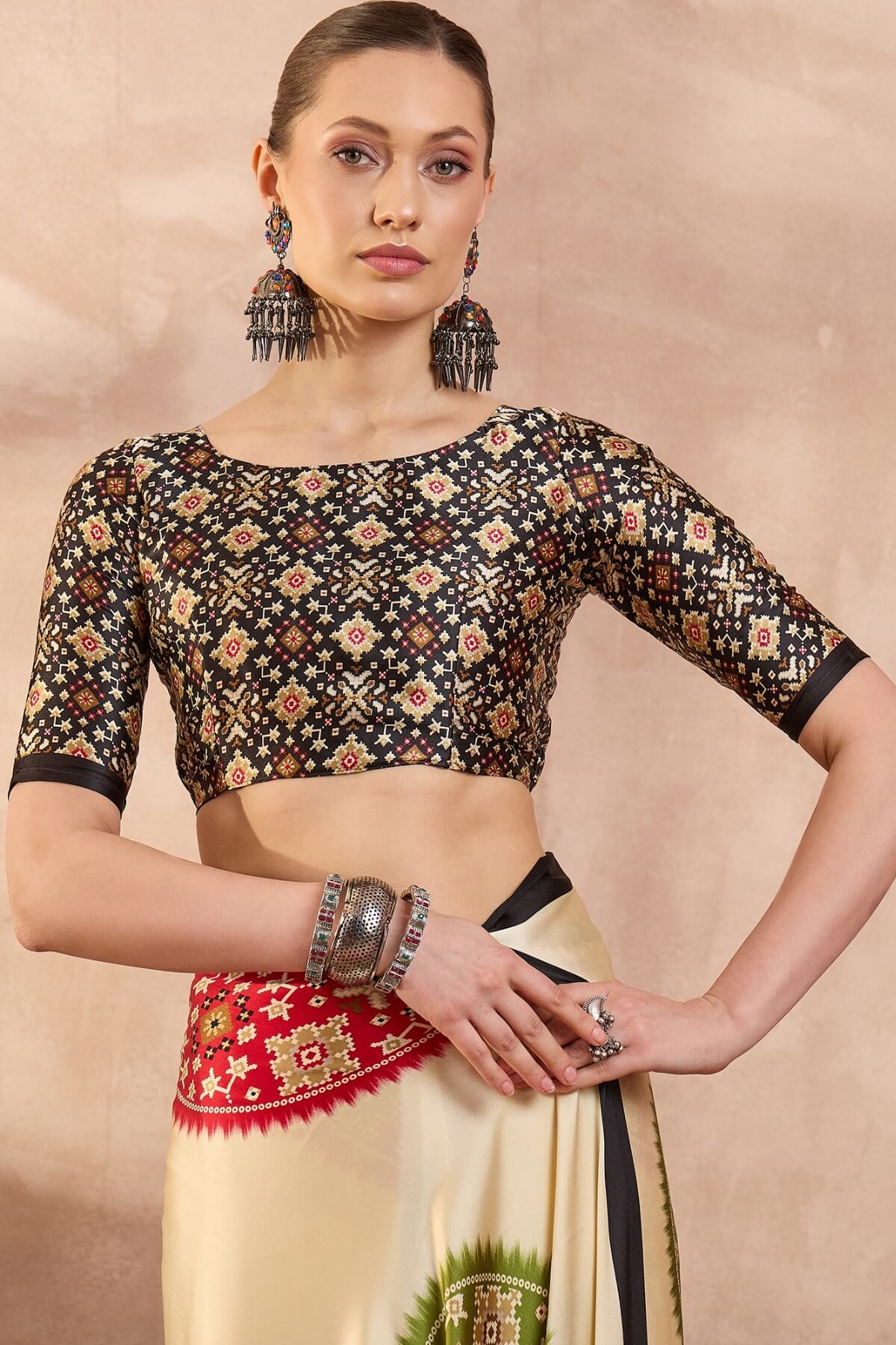 Fragrant Beige Ajrakh Printed Semi Modal Silk Saree With Majestic Blouse Piece