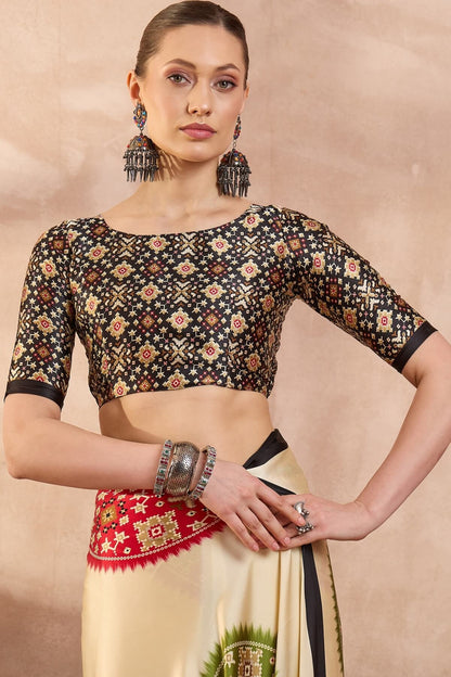 Fragrant Beige Ajrakh Printed Semi Modal Silk Saree With Majestic Blouse Piece