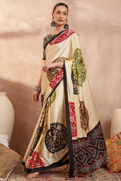 Fragrant Beige Ajrakh Printed Semi Modal Silk Saree With Majestic Blouse Piece