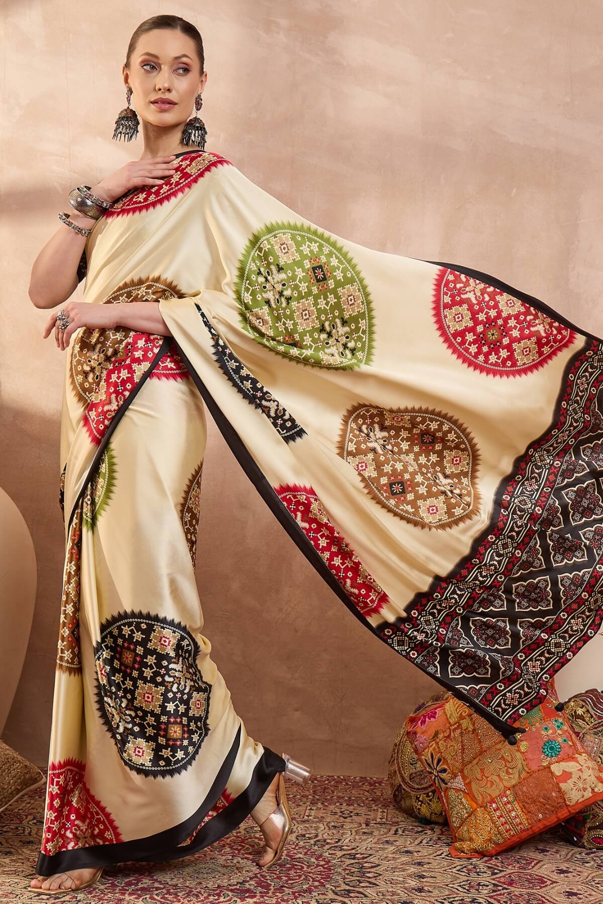 Fragrant Beige Ajrakh Printed Semi Modal Silk Saree With Majestic Blouse Piece