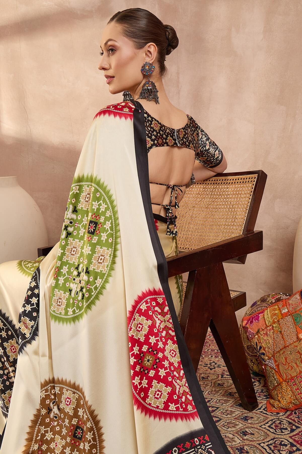 Fragrant Beige Ajrakh Printed Semi Modal Silk Saree With Majestic Blouse Piece